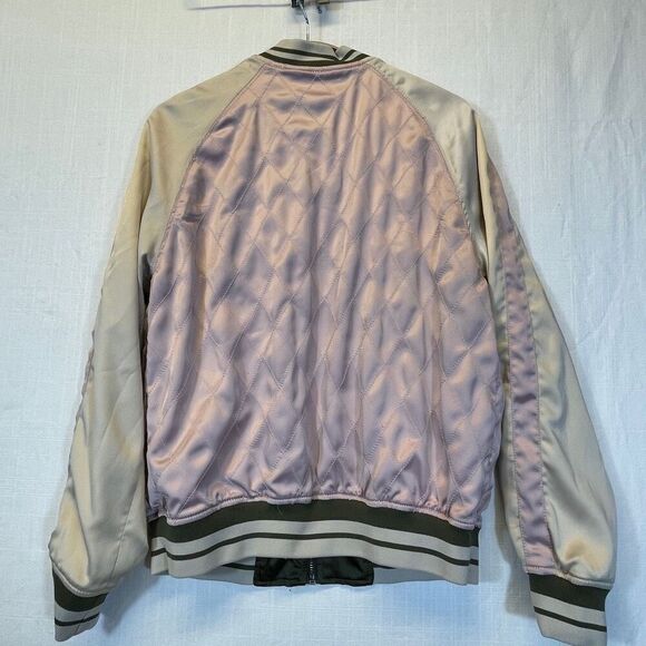 Express Green Cream Reversible Embroidered Satin Bomber Jacket Size Small - Picture 10 of 12